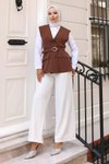 Kahverengi Tesettür V Yaka Yelekli İkili Takım