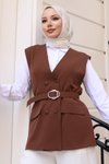 Kahverengi Tesettür V Yaka Yelekli İkili Takım