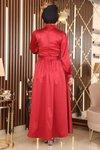 Kırmızı Saten Tüy Detaylı Tesettür Abiye Elbise