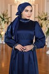 Lacivert Saten İncili Tesettür Abiye Elbise