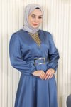 Mavi Saten Taş Detaylı Tesettür Abiye Elbise