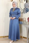 Mavi Saten Taş Detaylı Tesettür Abiye Elbise