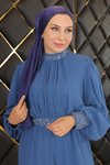 Mavi Şifon Taş Detaylı Tesettür Abiye Elbise