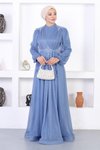 Mavi Simli Tesettür İncili Dantelli Abiye Elbise