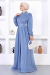 Mavi Simli Tesettür İncili Dantelli Abiye Elbise