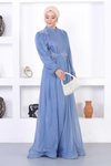 Mavi Simli Tesettür İncili Dantelli Abiye Elbise