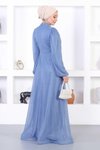 Mavi Simli Tesettür İncili Dantelli Abiye Elbise