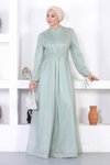 Mint Dantelli Simli İncili Tesettür Abiye Elbise