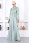 Mint Dantelli Simli İncili Tesettür Abiye Elbise