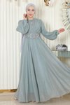 Mint Drapeli Simli İnci Detaylı Tesettür Şifon Abiye Elbise