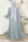 Mint Drapeli Simli İnci Detaylı Tesettür Şifon Abiye Elbise