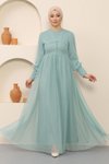 Mint Düğme Detaylı Tül Tesettür Abiye Elbise