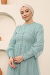Mint Düğme Detaylı Tül Tesettür Abiye Elbise