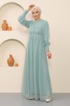 Mint Düğme Detaylı Tül Tesettür Abiye Elbise