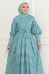 Mint Puantiyeli Tesettür Kemerli Elbise