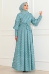 Mint Puantiyeli Tesettür Kemerli Elbise