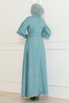 Mint Puantiyeli Tesettür Kemerli Elbise