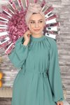 Mint Şifon Tesettür Dantel Detaylı Abiye Elbise