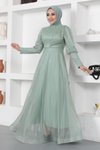 Mint Simli Manşeti Fermuar Detaylı Tesettür Abiye Elbise