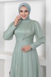 Mint Simli Manşeti Fermuar Detaylı Tesettür Abiye Elbise