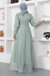 Mint Simli Manşeti Fermuar Detaylı Tesettür Abiye Elbise