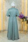 Mint Simli Tesettür Taş Detaylı Göğsü Drapeli Şifon Abiye Elbise