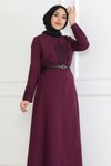 Mürdüm Tesettür Kemer Detaylı Elbise