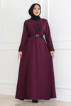 Mürdüm Tesettür Kemer Detaylı Elbise
