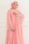 Pudra Tesettür Dantel Detaylı Abiye Elbise