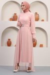 Pudra Tül Taşlı Kemer Detaylı Tesettür Abiye Elbise
