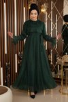 Simli Şifon Zümrüt Taş Detaylı Tesettür Abiye Elbise