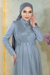 Simli Tesettür Göğsü Drapeli Gümüş Taş Detaylı Şifon Abiye Elbise
