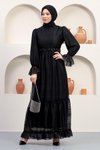 Siyah Dantel İnci Detaylı Tesettür Abiye Elbise