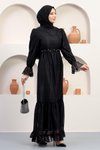 Siyah Dantel İnci Detaylı Tesettür Abiye Elbise