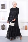 Siyah Dantelli Volan Kol İncili Tesettür Abiye Elbise