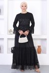 Siyah Dantelli Volan Kol İncili Tesettür Abiye Elbise