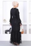 Siyah Dantelli Volan Kol İncili Tesettür Abiye Elbise