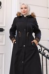 Siyah Kürk Yakalı Beli Bağcıklı Mont