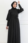 Siyah Puantiyeli Desenli Kemerli Tesettür Elbise