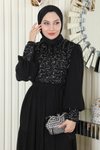 Siyah Pulpayetli Şifon Tesettür Abiye Elbise