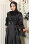 Siyah Saten Kemerli Tesettür Abiye Elbise