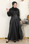Siyah Saten Kemerli Tesettür Abiye Elbise