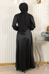 Siyah Saten Kemerli Tesettür Abiye Elbise
