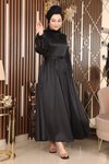 Siyah Saten Tesettür Tüy Detaylı Abiye Elbise