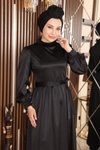 Siyah Saten Tesettür Tüy Detaylı Abiye Elbise