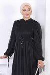Siyah Simli Dantelli İncili Tesettür Abiye Elbise