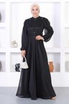 Siyah Simli Dantelli İncili Tesettür Abiye Elbise
