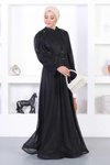 Siyah Simli Dantelli İncili Tesettür Abiye Elbise
