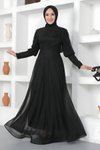 Siyah Simli Manşeti Fermuar Detaylı Tesettür Abiye Elbise