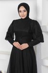 Siyah Simli Manşeti Fermuar Detaylı Tesettür Abiye Elbise
